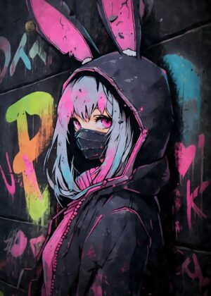 Anime Bunny Girl Graffiti Art Print - Premium Wooden Framed Poster. Ready to Hang.