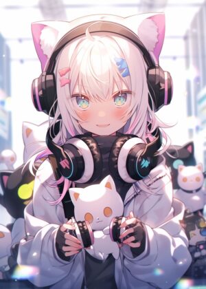 Neon Cat Girl Gamer Anime Art Print - Premium Wooden Framed Poster. Ready to Hang.