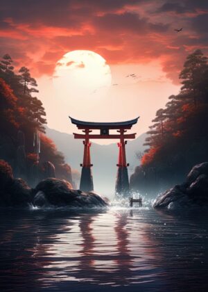 Serene Sunset Torii Gate: Japanese Art Print - Premium Wooden Framed Poster. Ready to Hang.