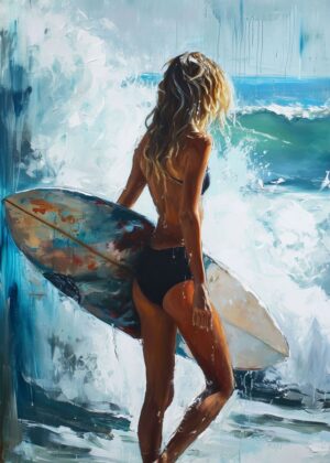 Ocean's Embrace: A Surfer's Solitude - Premium Wooden Framed Poster. Ready to Hang.