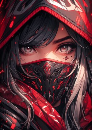 Cyberpunk Anime Girl with Red Hood and Mask - Premium Wooden Framed Poster. Ready to Hang.