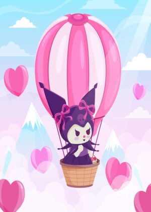 Kuromi's Pink Hot Air Balloon Adventure: Whimsical Kawaii Art Print - Premium Wooden Framed Poster. Ready to Hang.