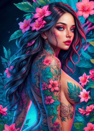 Floral Fantasy: A Digital Artwork of a Woman Embracing Nature - Premium Wooden Framed Poster. Ready to Hang.