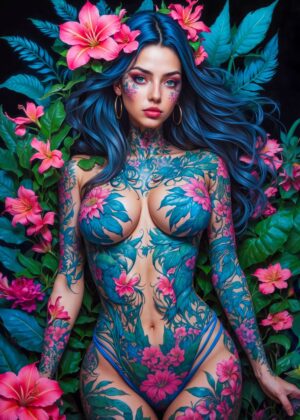 Erotic Flower Lady: A Botanical Fantasy Artwork - Premium Wooden Framed Poster. Ready to Hang.