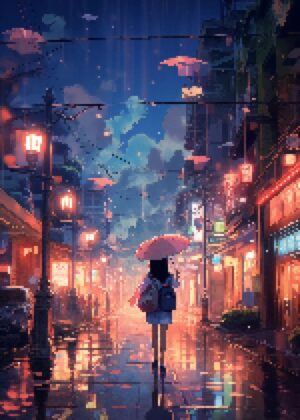 Rainy City Nights: Pixel Art Print - Premium Wooden Framed Poster. Ready to Hang.