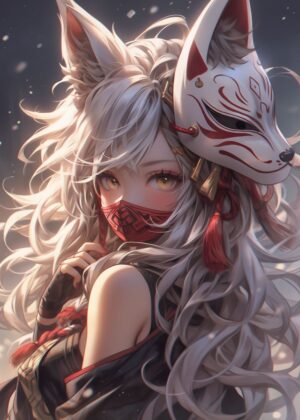 Anime Fairy Fox Girl: Mystical Artwork Print - Premium Wooden Framed Poster. Ready to Hang.