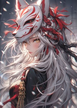 Anime Assassin: Mysterious Fox Spirit Artwork - Premium Wooden Framed Poster. Ready to Hang.