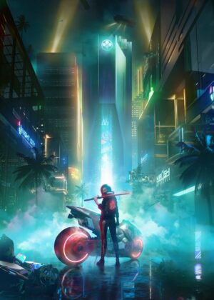 Cyberpunk Cityscape: Arasaka Glow Art Print - Premium Wooden Framed Poster. Ready to Hang.