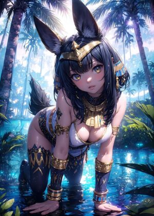 Anime Pharaoh Girl: Mystical Egyptian Beauty - Premium Wooden Framed Poster. Ready to Hang.