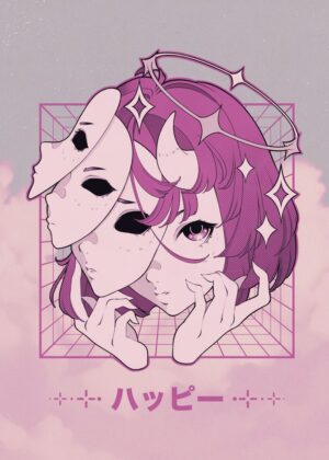 Happy Anime Girl with Masks and Halo Art Print - Premium Wooden Framed Poster. Ready to Hang.
