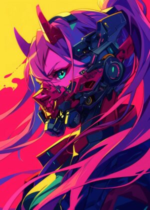 Cyberpunk Pop Art Girl: Vibrant Digital Art Print - Premium Wooden Framed Poster. Ready to Hang.