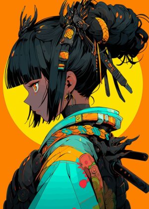 Cyberpunk Samurai Girl: Digital Art Print - Premium Wooden Framed Poster. Ready to Hang.