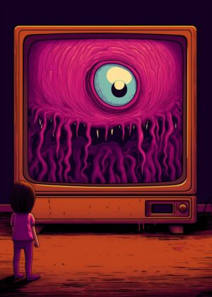 TV Blob: Retro Horror Illustration - Premium Wooden Framed Poster. Ready to Hang.