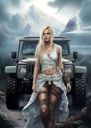 Adventurous Woman and Jeep in Majestic Mountains - Premium Wooden Framed Poster. Ready to Hang.