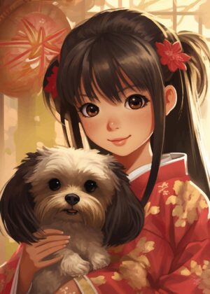 Adorable Anime Girl with Puppy: Wall Art - Premium Wooden Framed Poster. Ready to Hang.