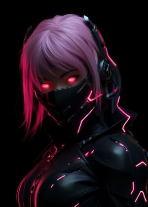 Cyberpunk Anime Girl with Pink Hair and Neon Accents - Premium Wooden Framed Poster. Ready to Hang.