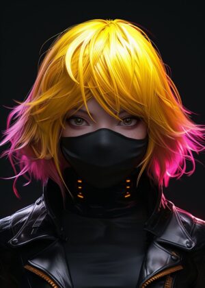 Cyberpunk Girl with Yellow Hair: Digital Art Print - Premium Wooden Framed Poster. Ready to Hang.