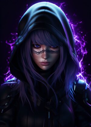 Neon Purple Hacker Girl: Cyberpunk Art Print - Premium Wooden Framed Poster. Ready to Hang.