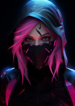 Cyberpunk Pink Hair Girl: Futuristic Digital Art - Premium Wooden Framed Poster. Ready to Hang.