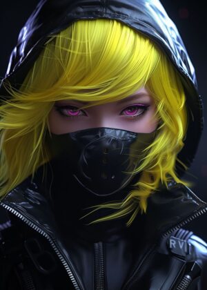 Cyberpunk Neon Girl: Digital Art Print - Premium Wooden Framed Poster. Ready to Hang.