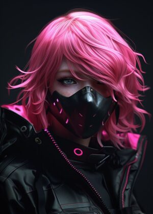 Cyberpunk Girl with Pink Hair - Premium Wooden Framed Poster. Ready to Hang.