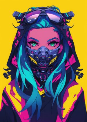 Neon Cyberpunk Girl Art Print - Premium Wooden Framed Poster. Ready to Hang.