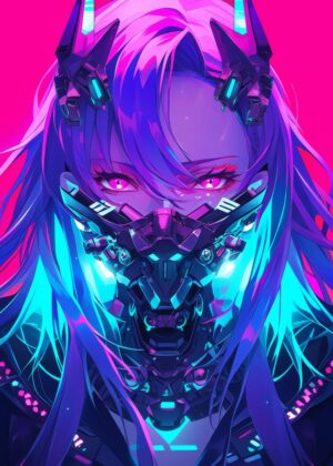 Neon Cyberpunk Anime Girl Art Print - Premium Wooden Framed Poster. Ready to Hang.