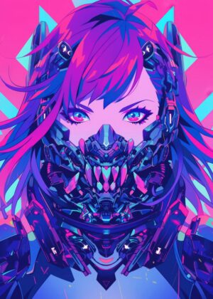 Cyberpunk Girl: Futuristic Neon Art Print - Premium Wooden Framed Poster. Ready to Hang.