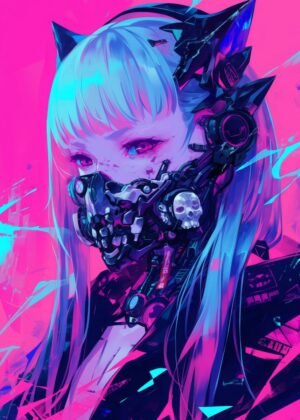 Cyberpunk Girl: Neon Dreams - Premium Wooden Framed Poster. Ready to Hang.