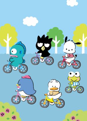 Sanrio Characters Enjoying a Sunny Bike Ride - Premium Wooden Framed Poster. Ready to Hang.