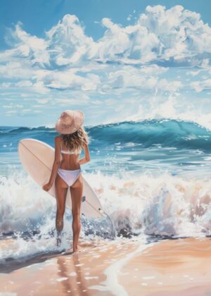 Surfing Seaside Joy: A Vibrant Summer Escape - Premium Wooden Framed Poster. Ready to Hang.