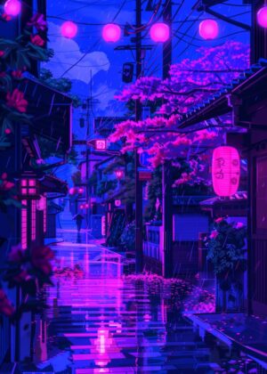 Rainy Night in Japan: Anime Neon Street Art - Premium Wooden Framed Poster. Ready to Hang.