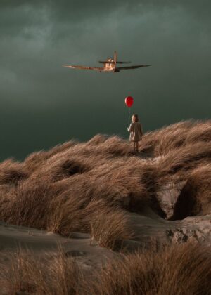 Little Girl and the Airplane: A Dreamy Seascape - Premium Wooden Framed Poster. Ready to Hang.