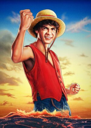 Monkey D. Luffy - Vibrant Sunset Seascape Artwork - Premium Wooden Framed Poster. Ready to Hang.