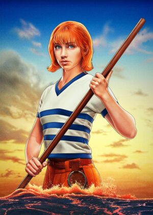 Nami: A Retro-Styled Portrait of Strength and Determination - Premium Wooden Framed Poster. Ready to Hang.
