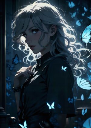 Anime Girl with Butterflies: Dark Fantasy Art Print - Premium Wooden Framed Poster. Ready to Hang.