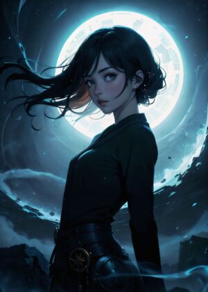 Moonlit Anime Girl: Digital Art Print - Premium Wooden Framed Poster. Ready to Hang.