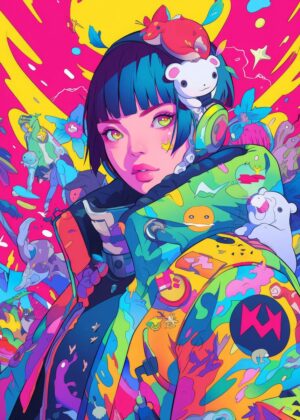 Vibrant Cyberpunk Dreamscape: Digital Art Print - Premium Wooden Framed Poster. Ready to Hang.