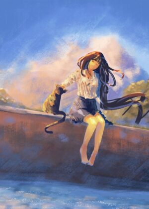 Anime Girl and Cat: Peaceful Sunset Serenity - Premium Wooden Framed Poster. Ready to Hang.
