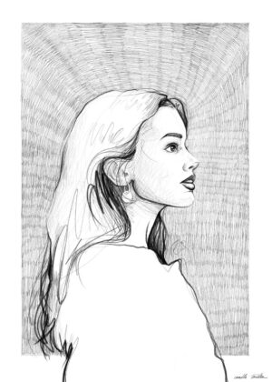 Pensive Girl: A Thoughtful Portrait in Pencil - Premium Wooden Framed Poster. Ready to Hang.