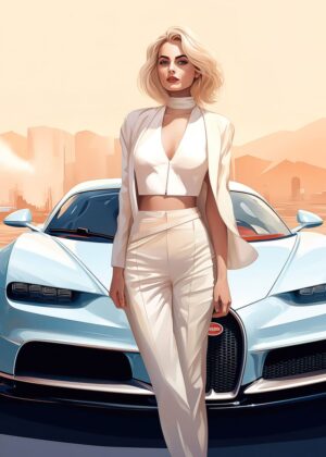 Stylish Woman and Luxury Sports Car: Art Print - Premium Wooden Framed Poster. Ready to Hang.