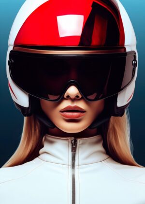 Speed Queen: A Bold Portrait of a Woman in a Racing Helmet - Premium Wooden Framed Poster. Ready to Hang.