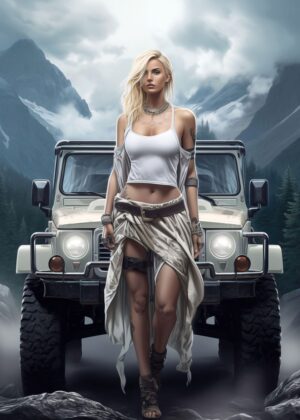 Adventurous Woman and Off-Road Vehicle in Mountainous Landscape - Premium Wooden Framed Poster. Ready to Hang.