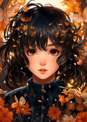 Autumn Dreams: Cute Anime Girl Art Print - Premium Wooden Framed Poster. Ready to Hang.