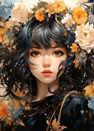 Kawaii Anime Girl 1: A Whimsical Floral Portrait - Premium Wooden Framed Poster. Ready to Hang.