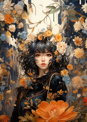 Kawaii Anime Girl Floral Fantasy Art Print - Premium Wooden Framed Poster. Ready to Hang.