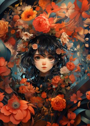 Kawaii Anime Girl in a Garden of Autumn Blooms - Premium Wooden Framed Poster. Ready to Hang.