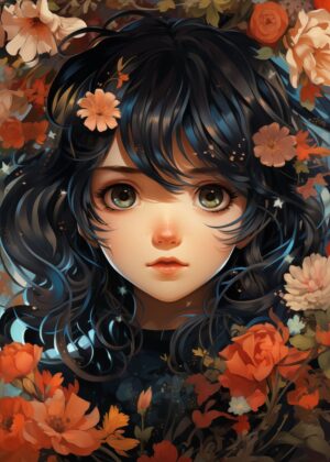 Kawaii Anime Girl 4: Floral Fantasy - Premium Wooden Framed Poster. Ready to Hang.