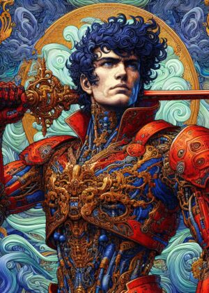 Red Armor Scout: A Masterpiece of Fantasy Art - Premium Wooden Framed Poster. Ready to Hang.