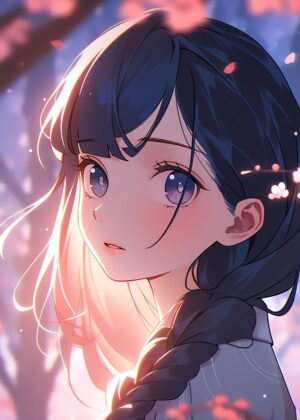 Anime Girl in Sakura Bloom - Premium Wooden Framed Poster. Ready to Hang.